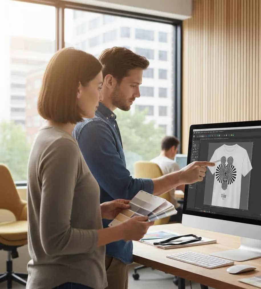 Two designers are creating a T-shirt design on a computer. The man points at the screen, while the woman holds color swatches.