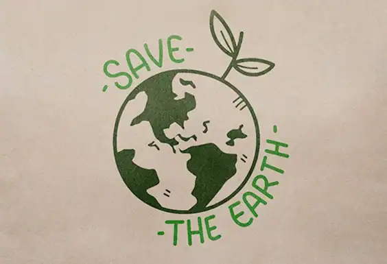 Green illustration on light background: Earth with a sprouting plant and the text "-SAVE- -THE EARTH-".