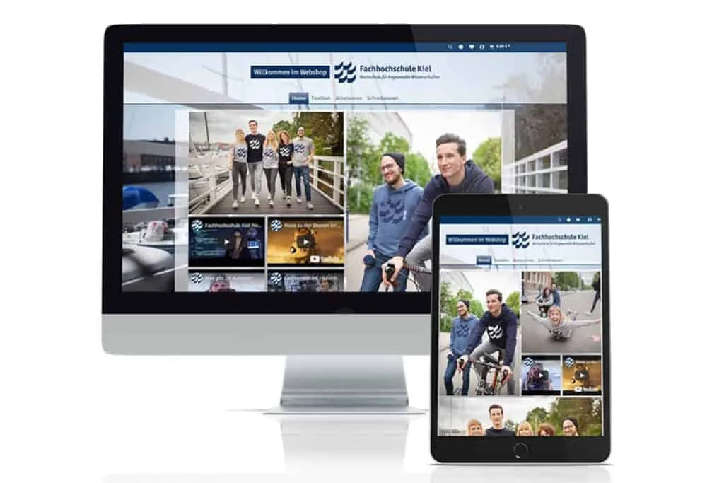 Desktop monitor and tablet displaying responsive website of Kiel University of Applied Sciences with young people in casual wear.
