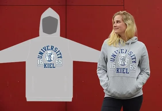 A woman in a grey hoodie with a blue and white 'UNIVERSITY KIEL 1665' logo stands next to a hoodie template with the same logo against a red background.