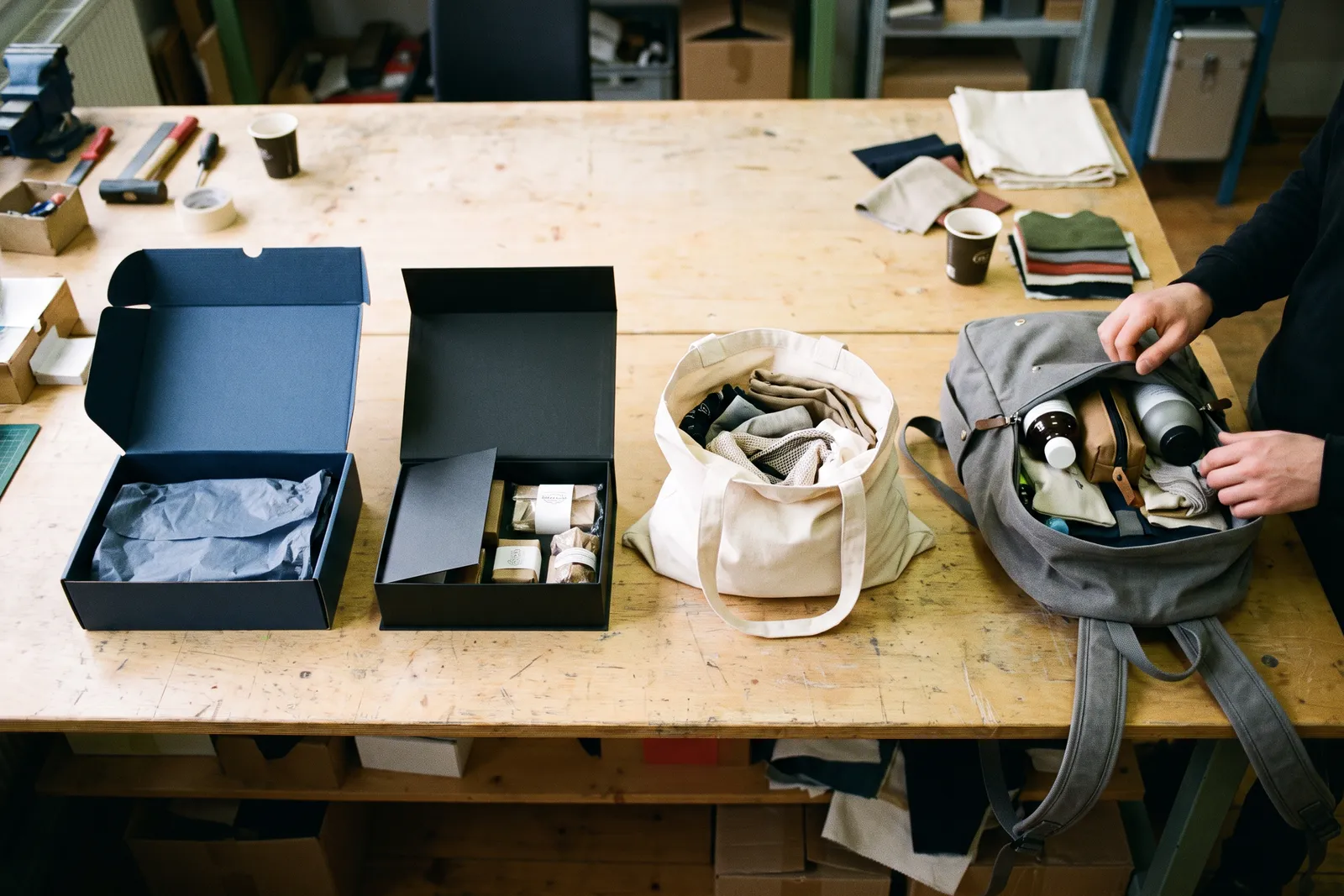 Vier Verpackungsvarianten nebeneinander: Mailerbox, Präsentationsbox, Baumwolltasche und Rucksack