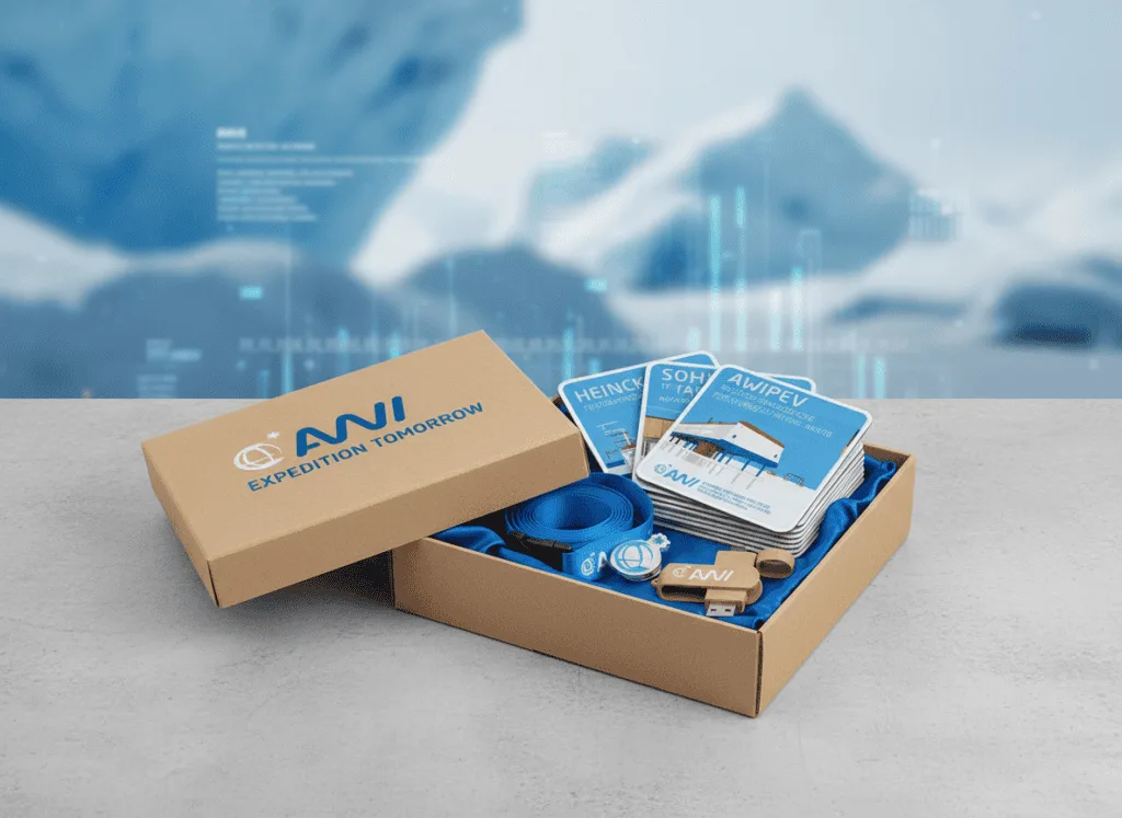 Holz-Powerbank mit Logo und Website-Adresse, umgeben von kabellosen Kopfhörern, Ladecase, Ladekabel und Tablet.