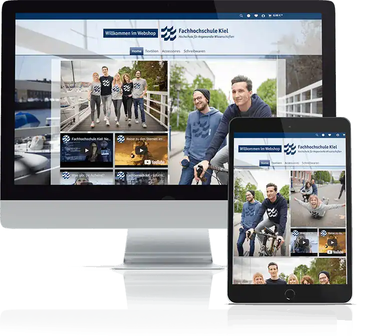 A monitor and a tablet display a merchandising provider's website with images of young people and video previews.