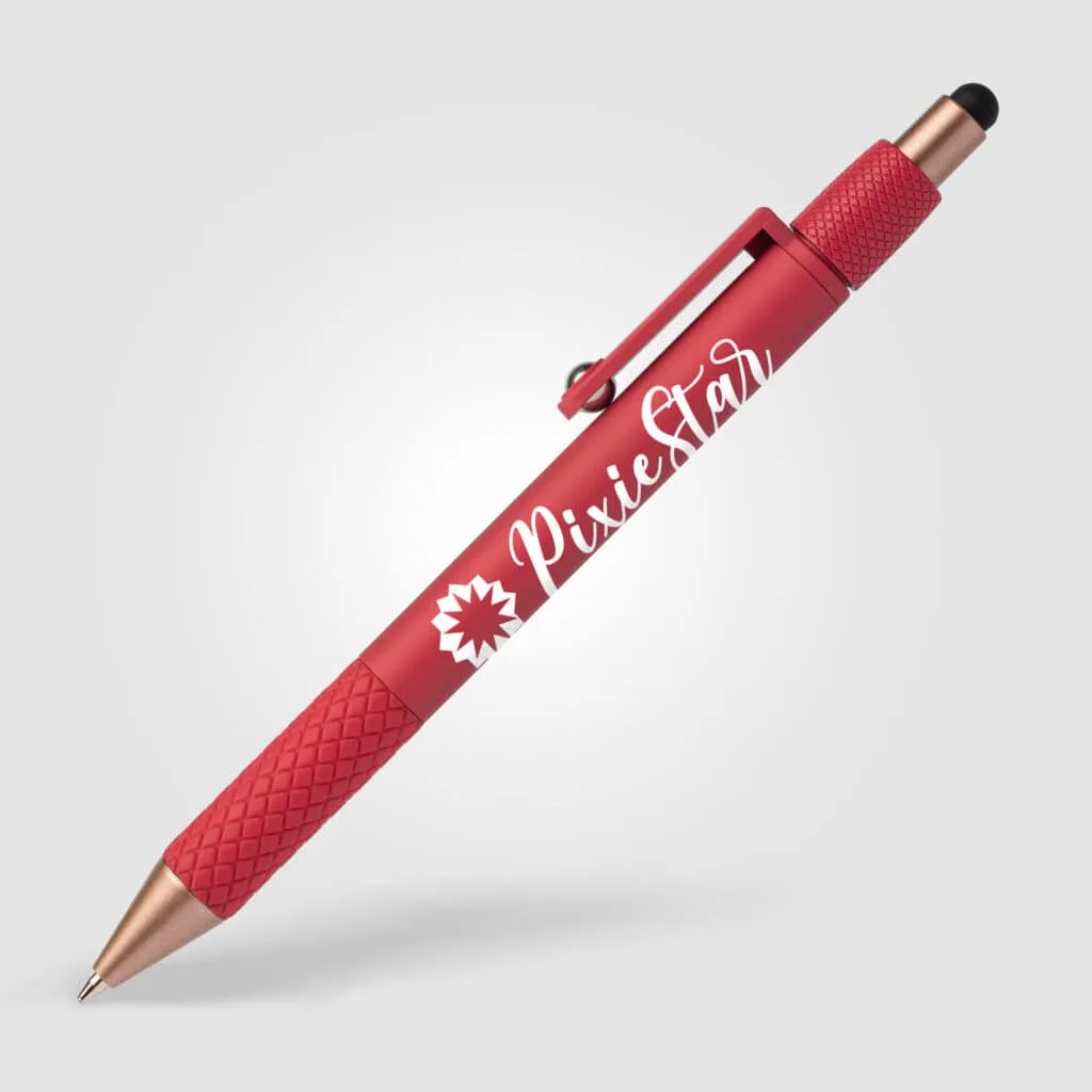 Red ballpoint pen with stylus tip and diamond-patterned grip, white 'Pixie Star' logo and star graphic on light gray background.
