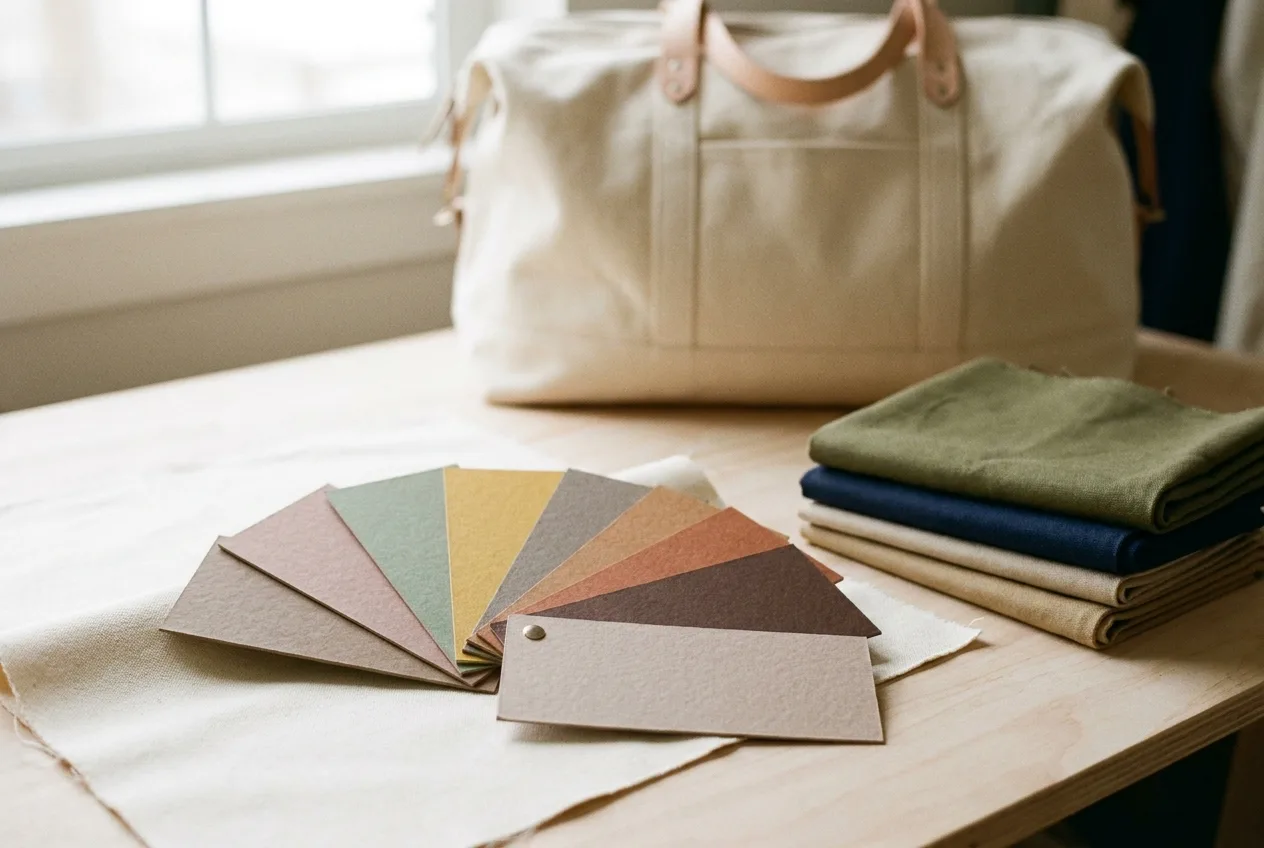 Aufgefächerte Farbmusterkarten in gedeckten Erdtönen liegen direkt auf Canvas-Stoff, daneben gefaltete Stoffmuster in Oliv, Navy und Sand, im Hintergrund eine cremefarbene Canvas-Tasche
