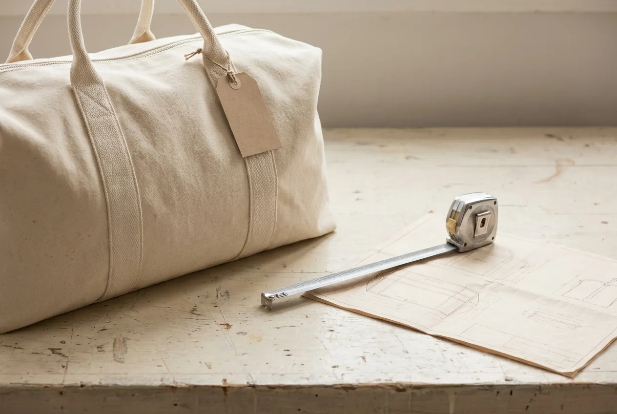 Cremefarbene Canvas-Tasche mit unbeschriftetem Papieranhänger an der Grifflasche, daneben ein ausgezogenes Stahlmaßband auf einer Konstruktionszeichnung