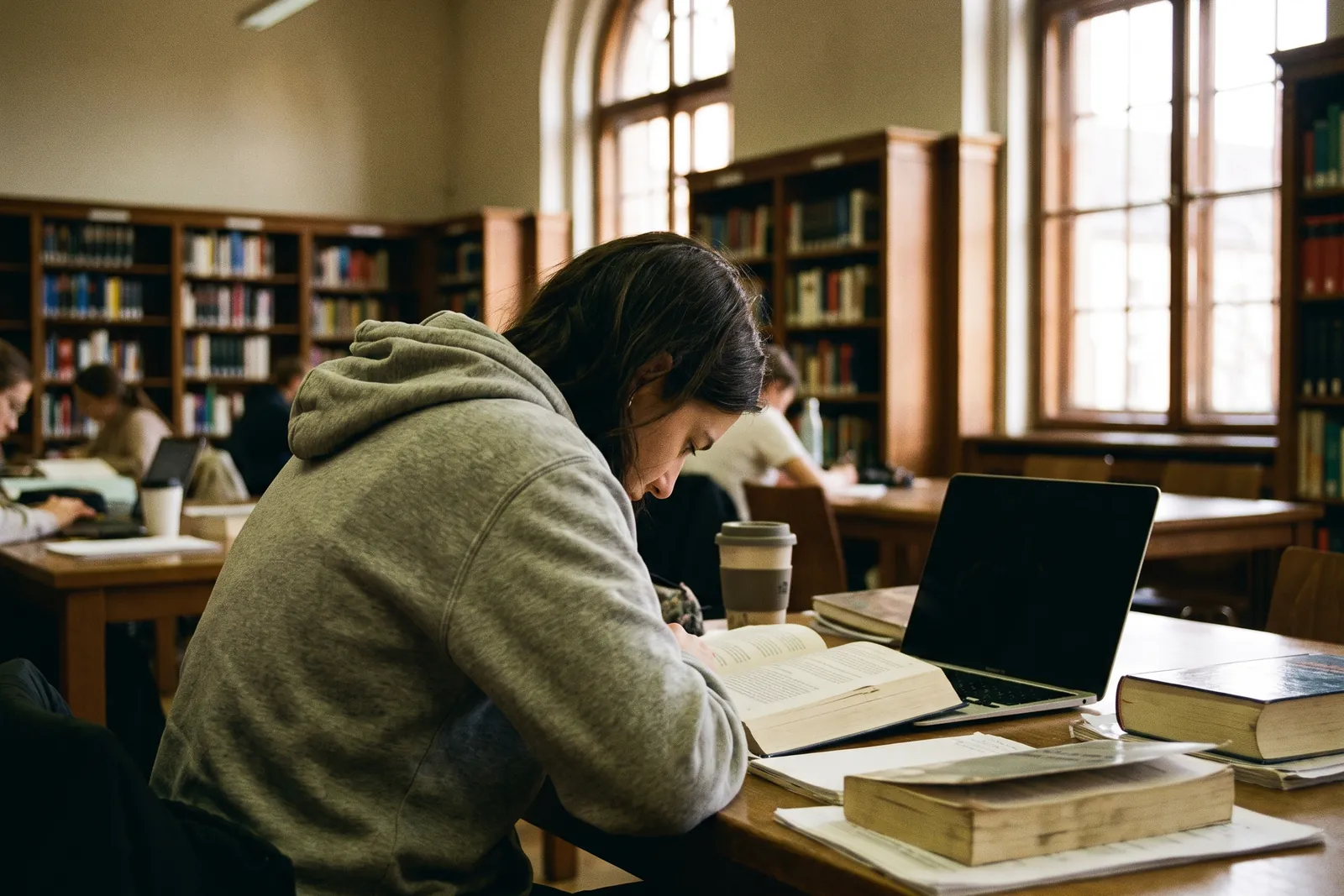 Student in a grey hooded sweatshirt studying at a desk in a university library in the afternoon
