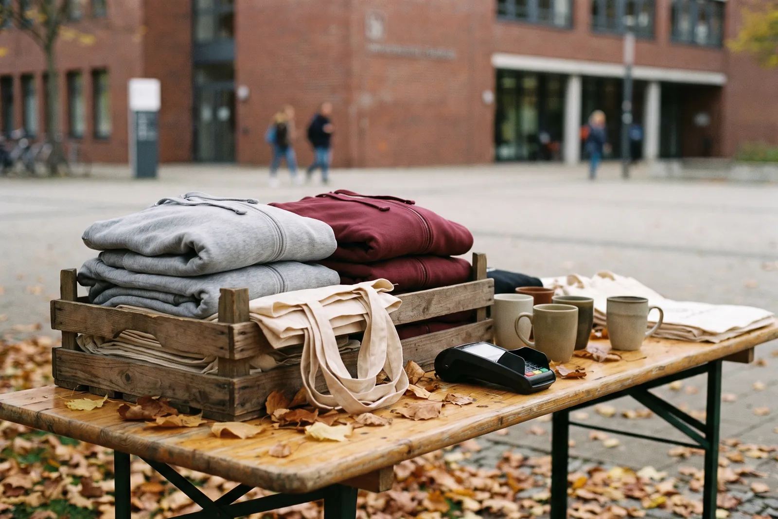 Pop-up stand with hoodies, cotton tote bags and mugs on a campus square in autumn