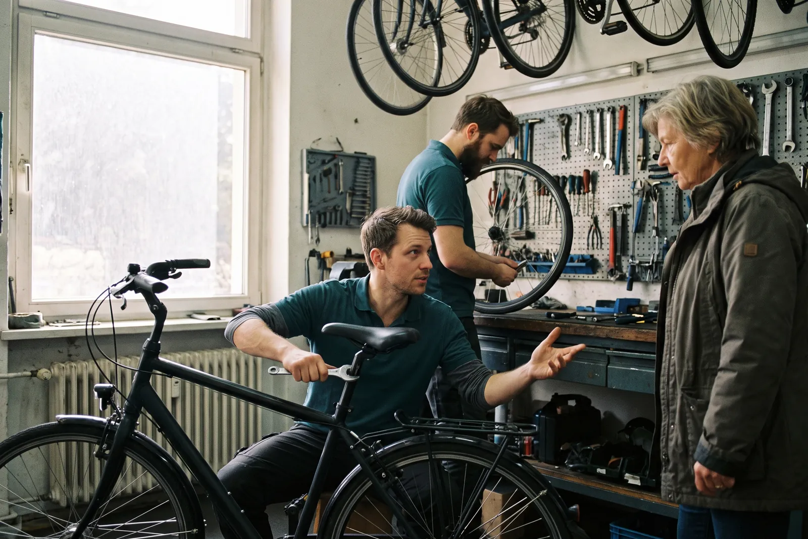 Two employees in matching polo shirts advising a customer in a bicycle workshop