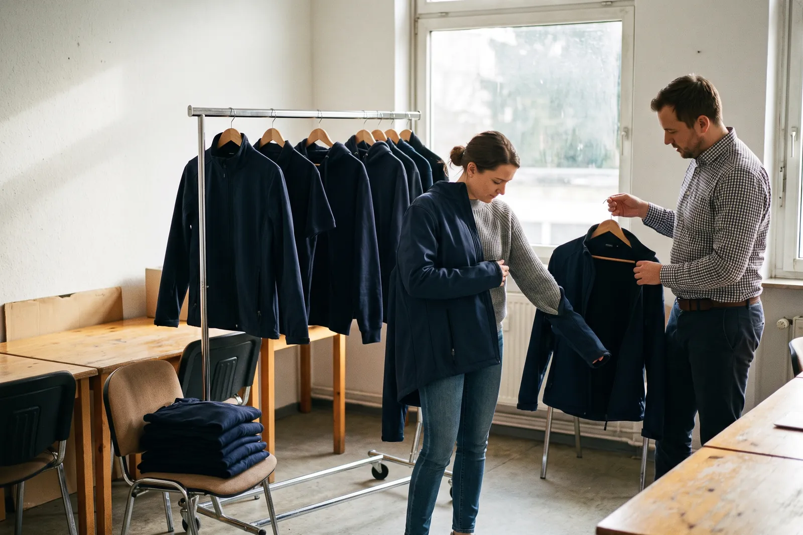 Employee trying on a softshell jacket from a sample collection in a meeting room