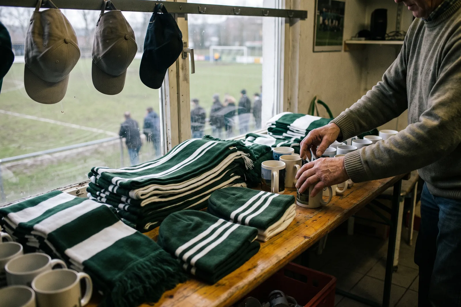 Ehrenamtlicher ordnet Tassen neben gestreiften Strickschals und Mützen auf einem Tisch im Vereinsheim