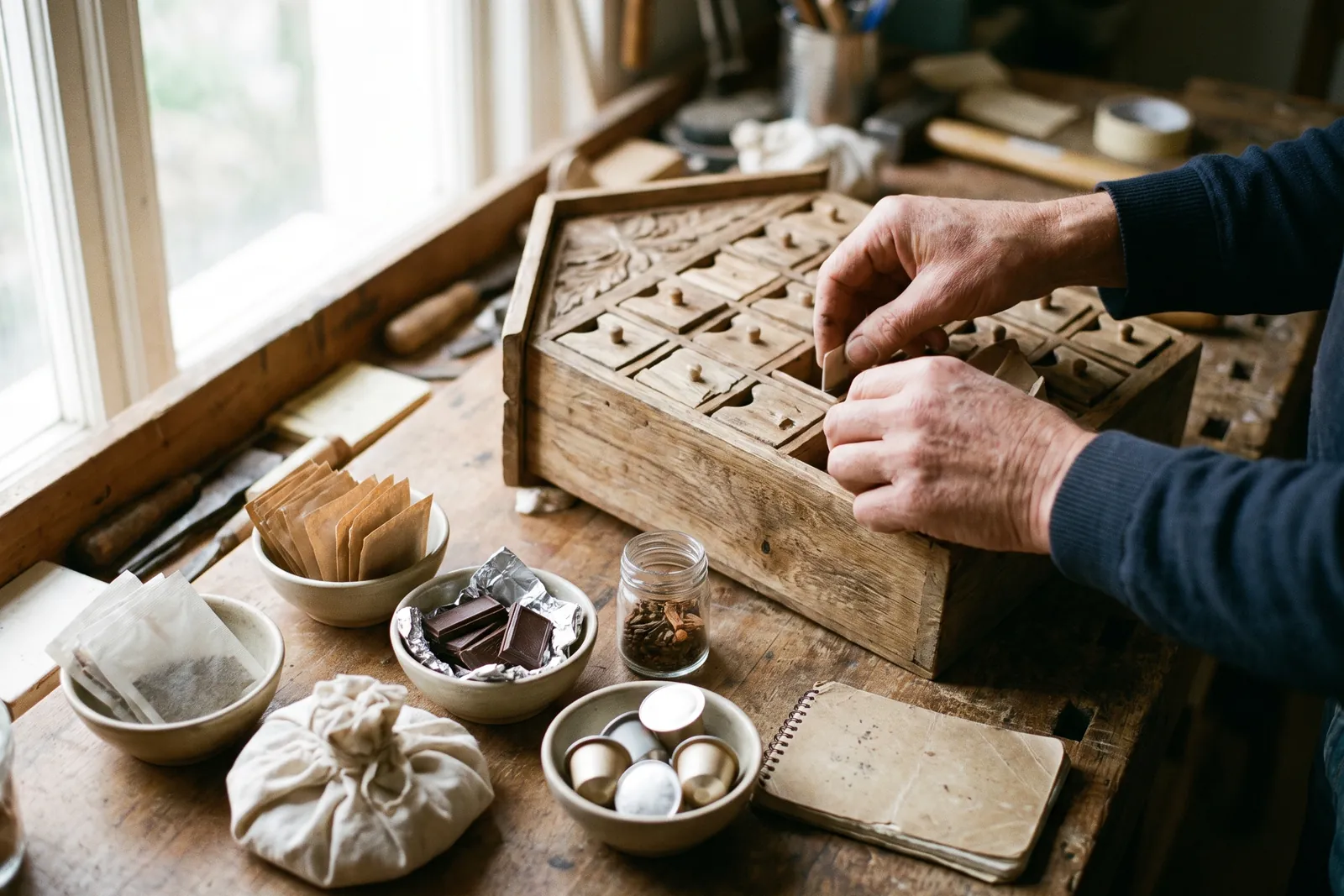 Hands filling a wooden advent calendar with tea, chocolate, spices and coffee