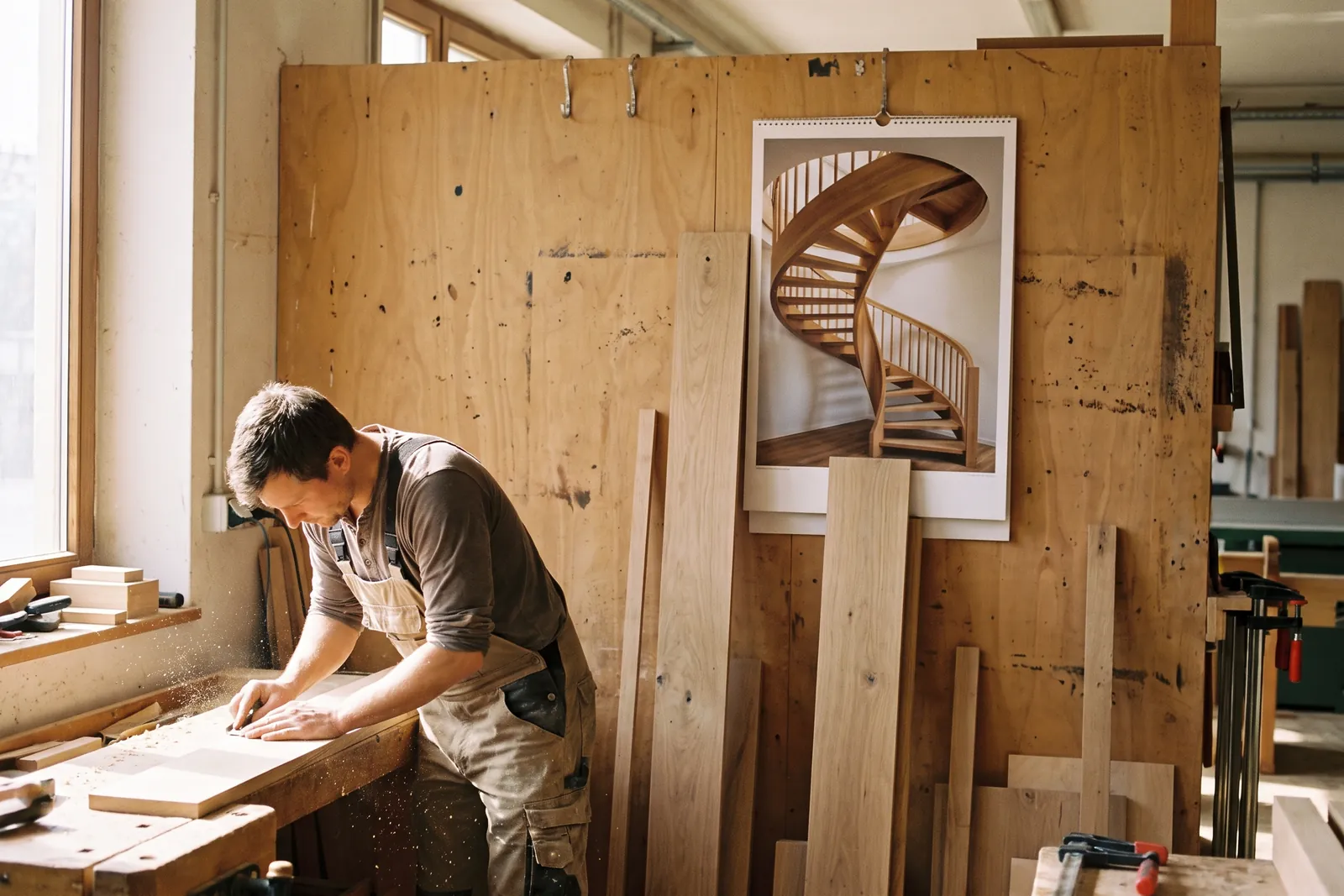 Wall calendar with a large project photo hanging in a joinery workshop above the workbench