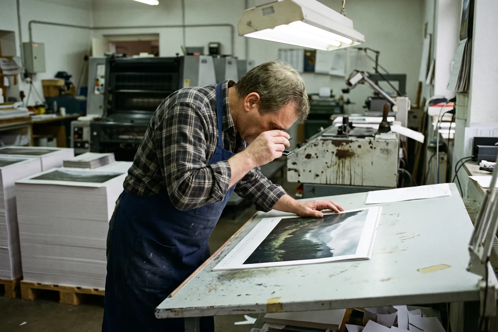 Printer checking a freshly printed calendar sheet with a loupe in a print shop