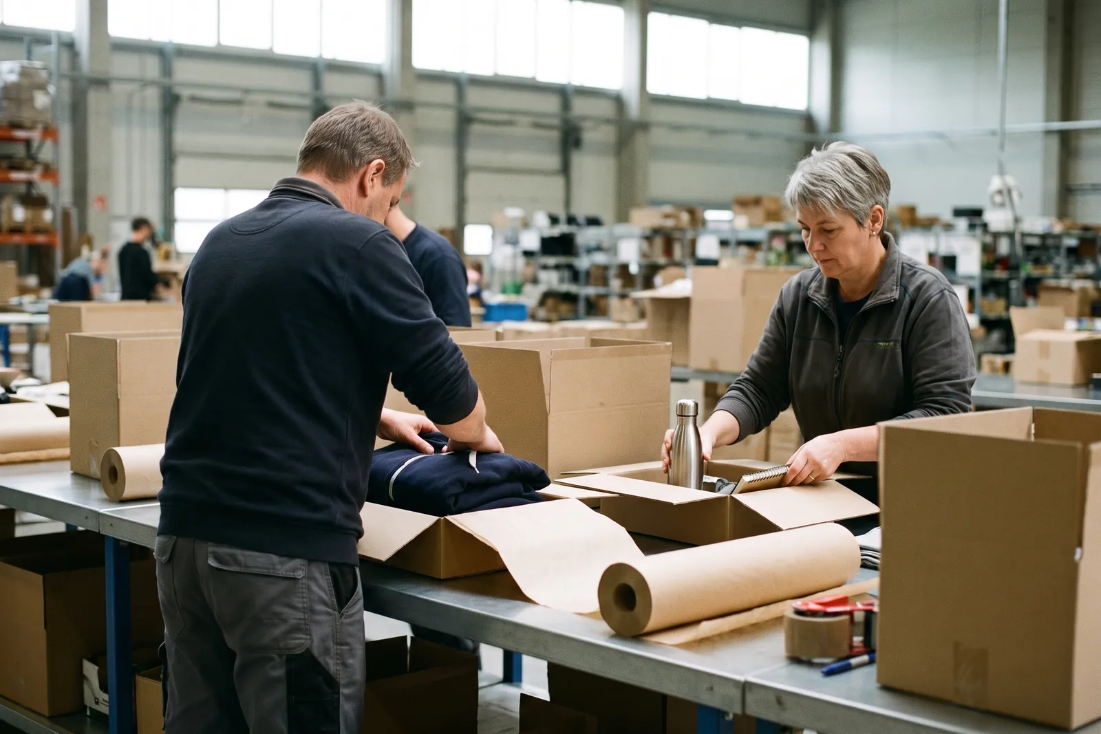 Two employees at a packing table assembling welcome boxes with hoodie, bottle and notebook