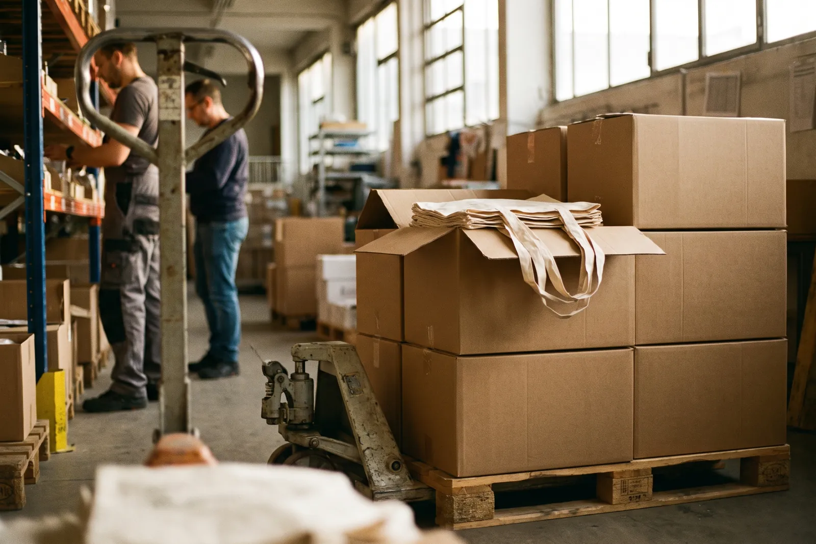 Pre-picked cartons of cotton tote bags on a pallet in the warehouse