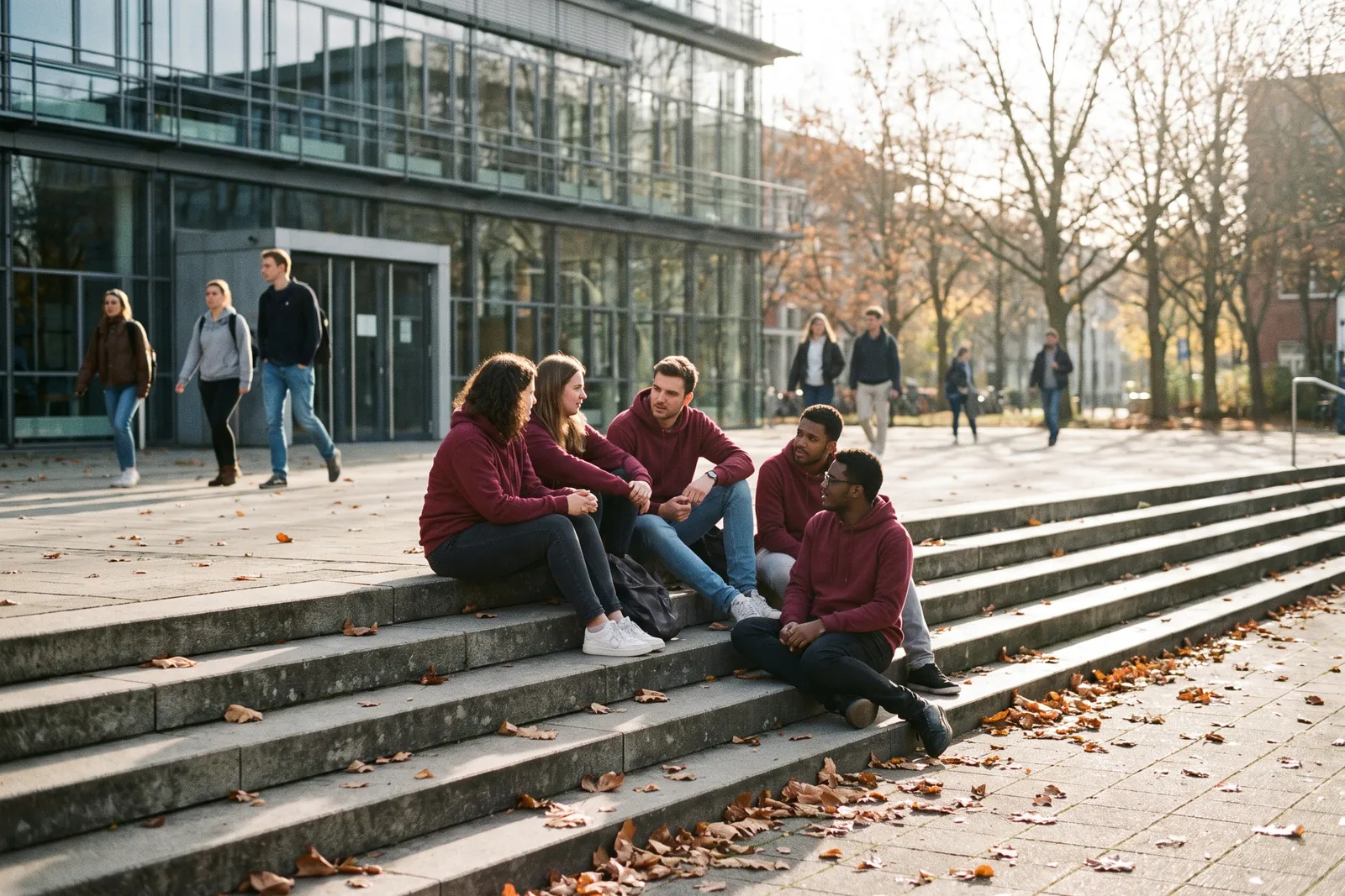 Studierende in gleichfarbigen Hoodies sitzen auf den Treppen vor einem Hörsaalgebäude