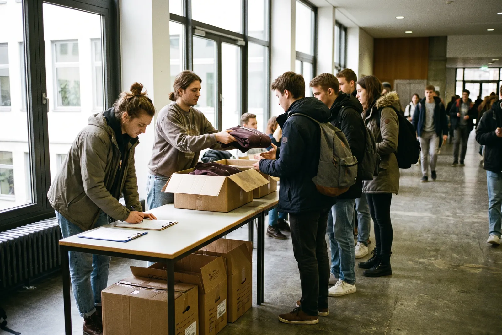 Studierende geben im Foyer an einem Klapptisch vorbestellte Hoodies aus Kartons aus