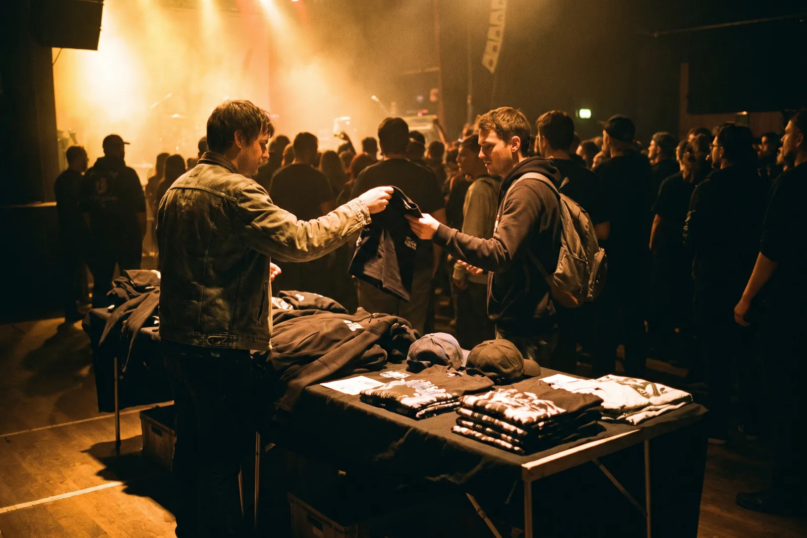 Merch-Stand in einem kleinen Musikclub mit T-Shirts, Hoodies und Caps auf einem Klapptisch