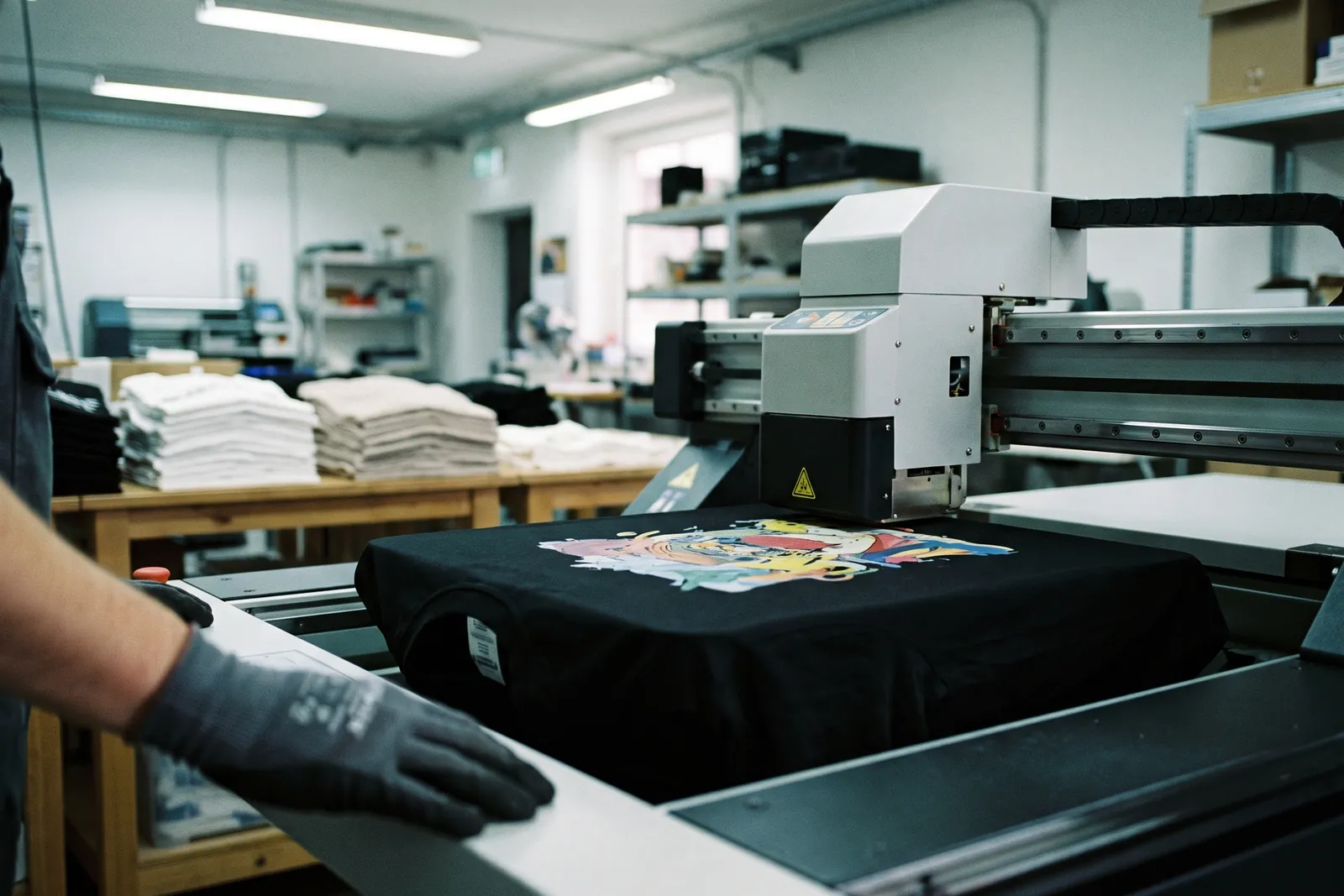 Digitaldrucker bedruckt ein einzelnes schwarzes T-Shirt auf der Druckplatte in einer Textilwerkstatt