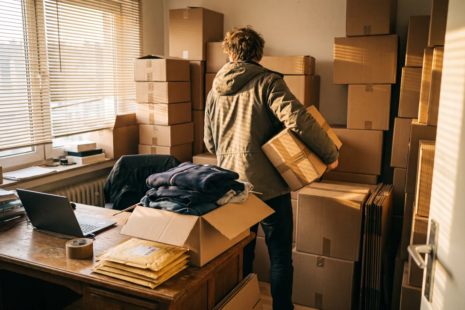 Kleines Büro, in dem sich Kartons mit Merchandise-Artikeln an der Wand und unter dem Schreibtisch stapeln