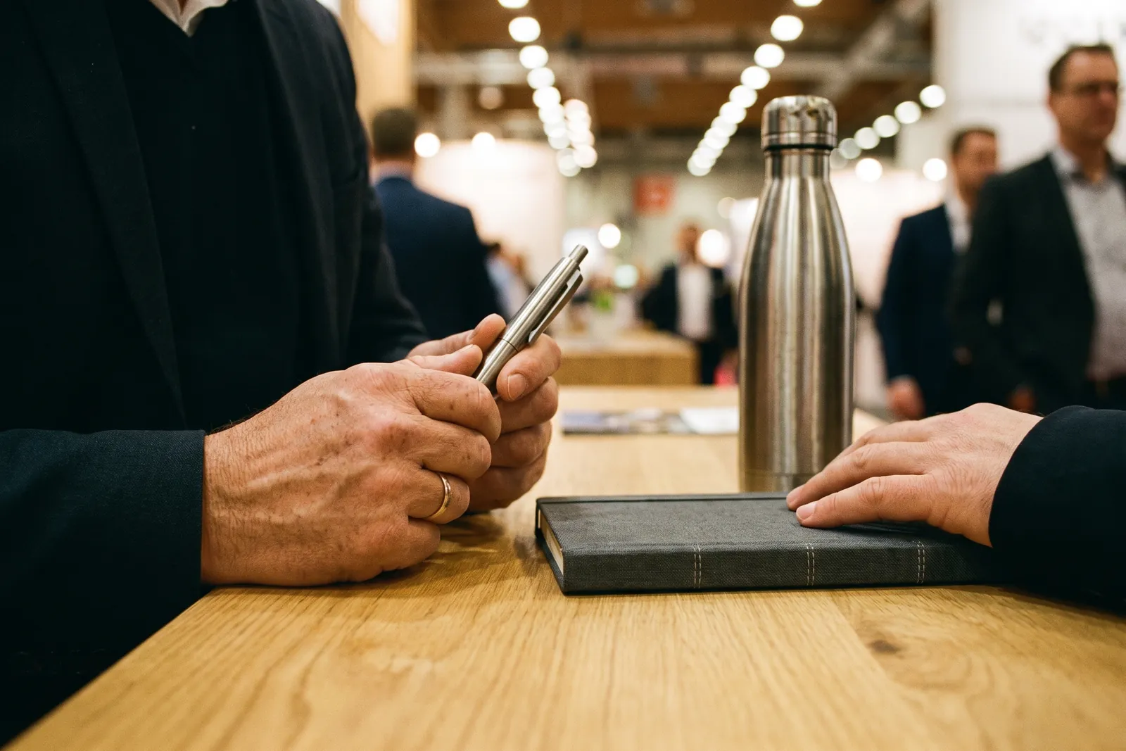 Hands examining a metal twist pen next to a notebook and stainless steel bottle at a trade fair stand