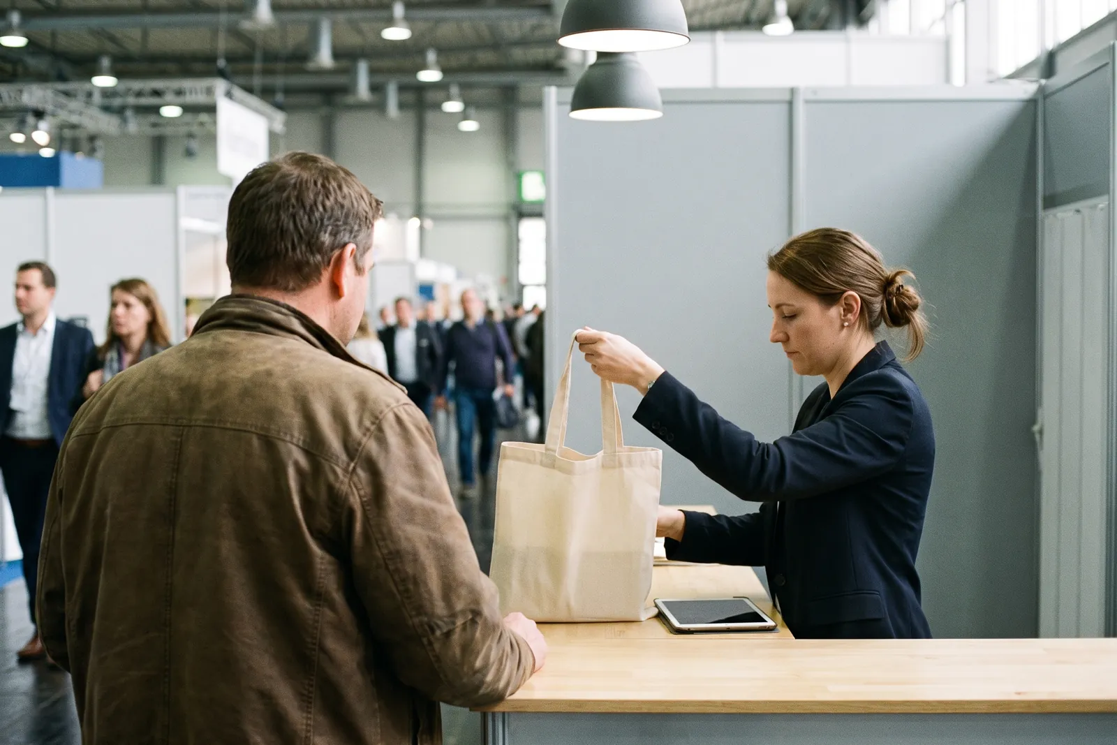 Exhibitor handing a cotton tote bag across the counter to a visitor at a trade fair booth
