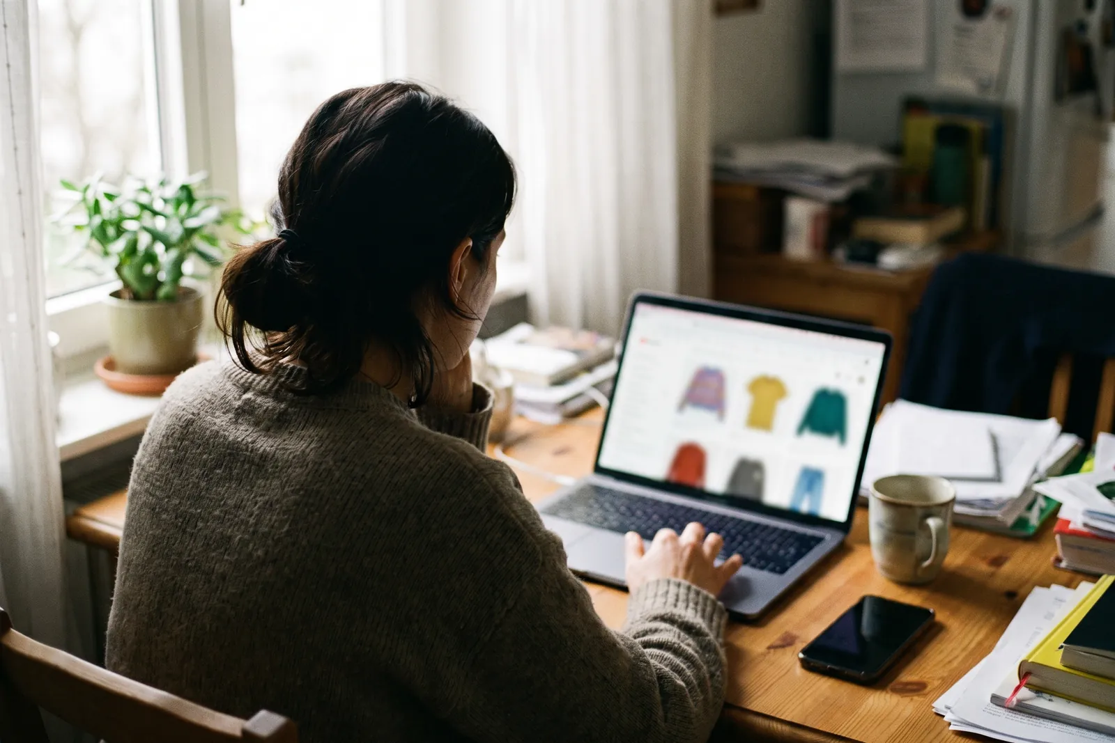 Mitarbeiterin bestellt am Küchentisch über den Laptop aus dem internen Firmenshop