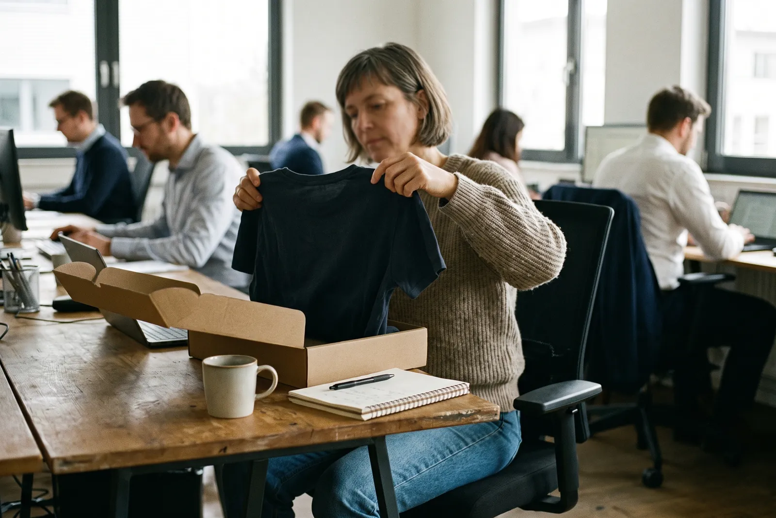 Neue Mitarbeiterin packt am ersten Arbeitstag eine Willkommensbox mit T-Shirt, Notizbuch und Tasse aus