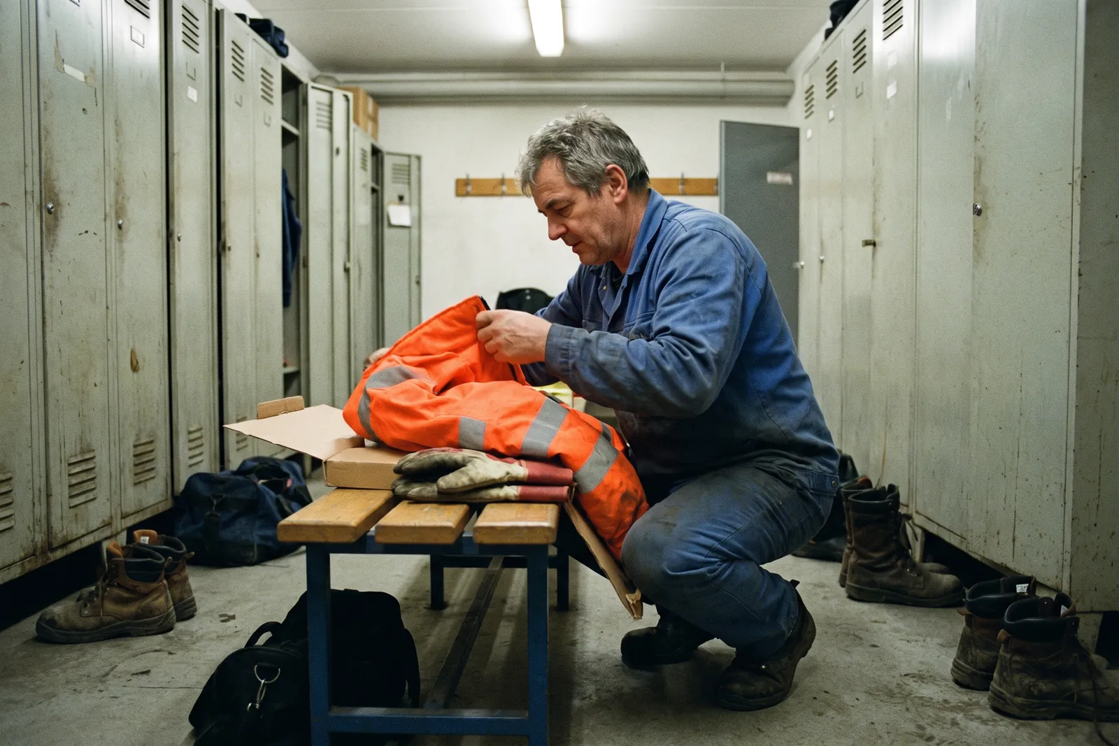 Produktionsmitarbeiter packt vor seinem Spind eine neue Warnschutzjacke und Arbeitshandschuhe aus