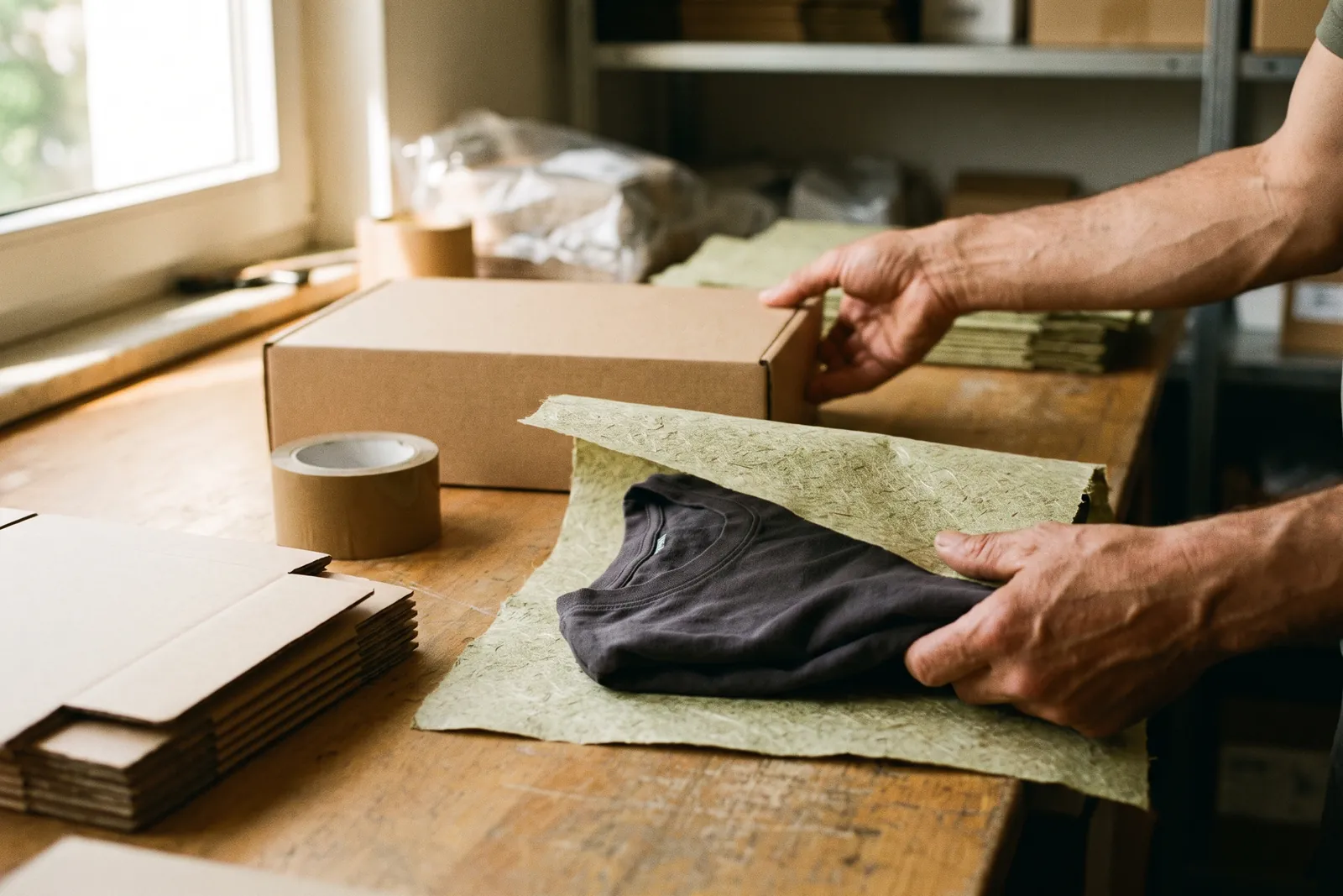 Hände schlagen ein T-Shirt in Graspapier ein und legen es in einen Versandkarton