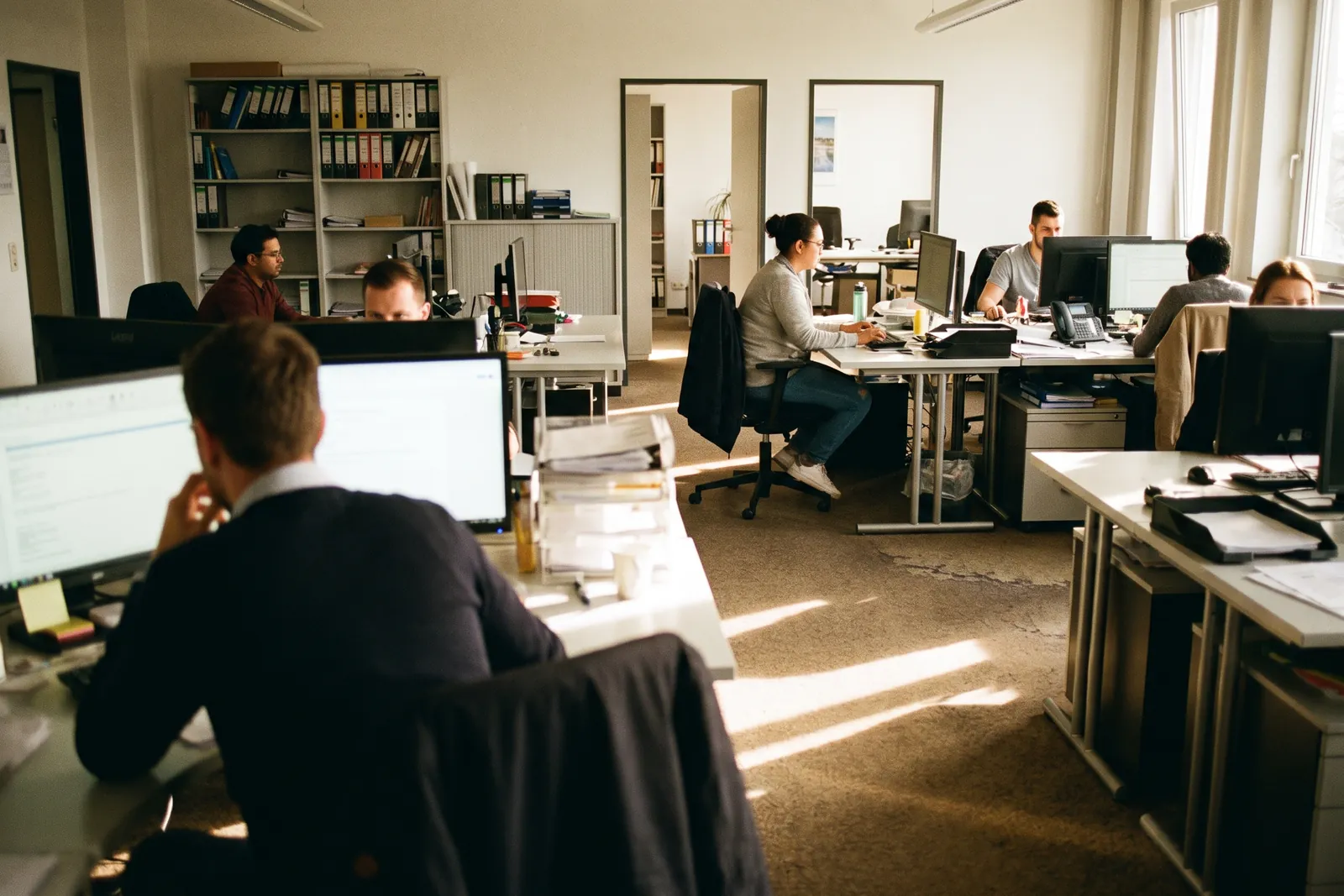 Einkaufsabteilung eines Unternehmens am Nachmittag mit Mitarbeitenden an ihren Bildschirmarbeitsplätzen