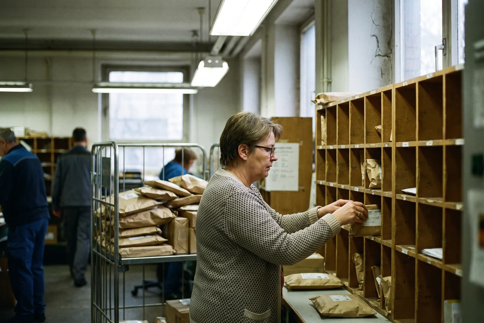 Mitarbeiterin sortiert in der Poststelle eines Unternehmens Pakete in Fächer für Abteilungen