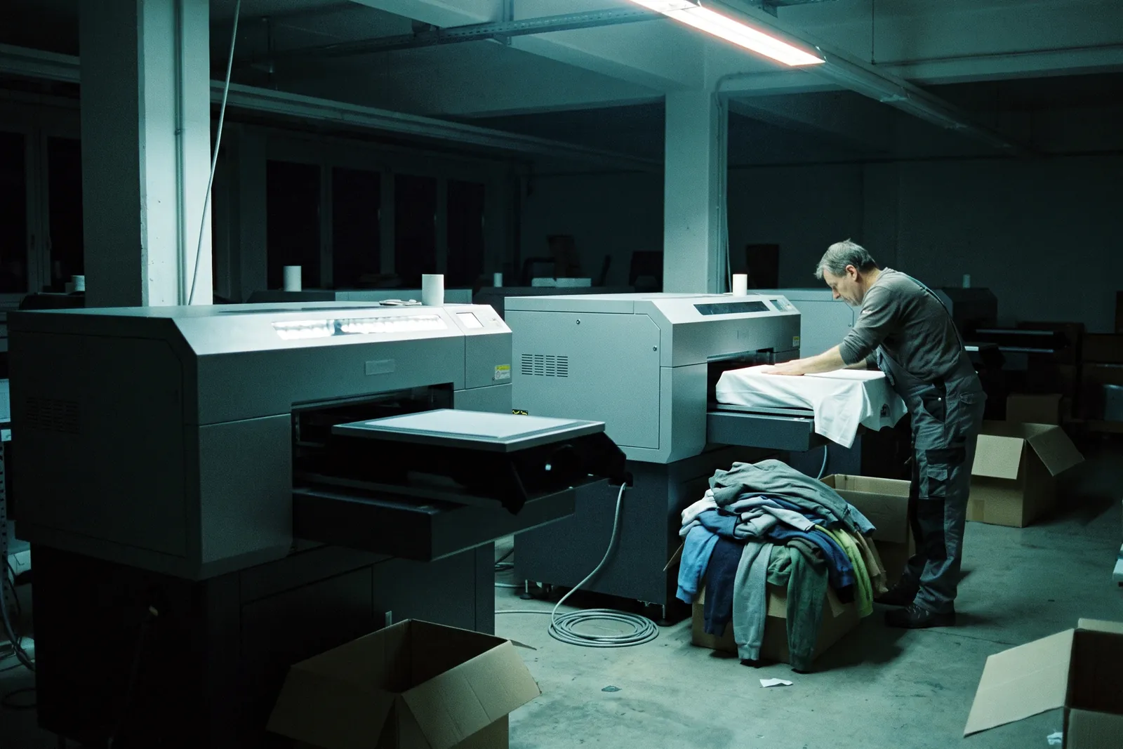 Operator placing a single T-shirt on the platen in a hall with digital garment printers
