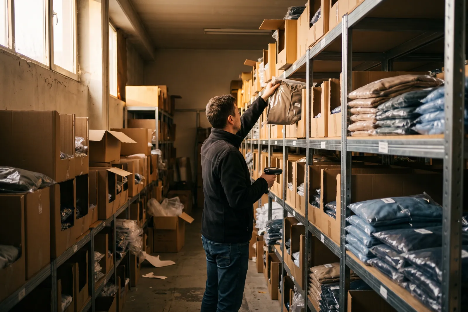 Employee taking a bagged hoodie from a carton on the shelves of a stock room