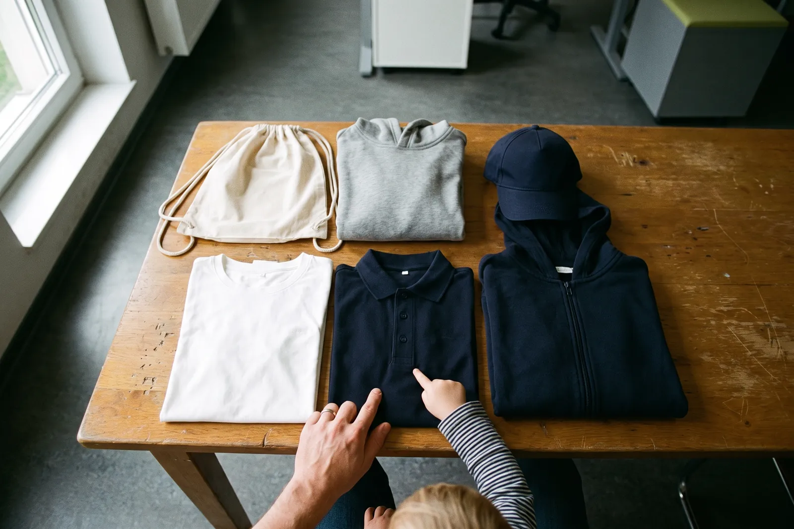 Overhead view of a core range with T-shirt, polo shirt, hoodie, zip hoodie, gym bag and cap