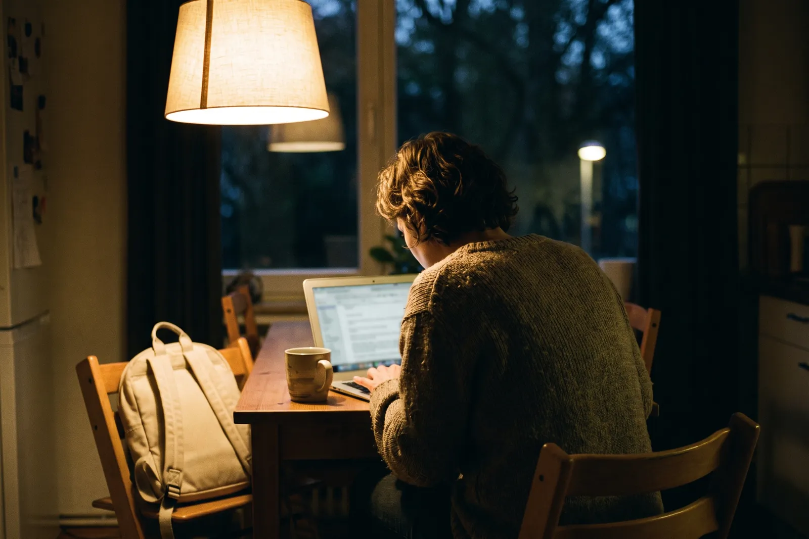 Parent sitting at a kitchen table with a laptop in the evening, a school backpack nearby