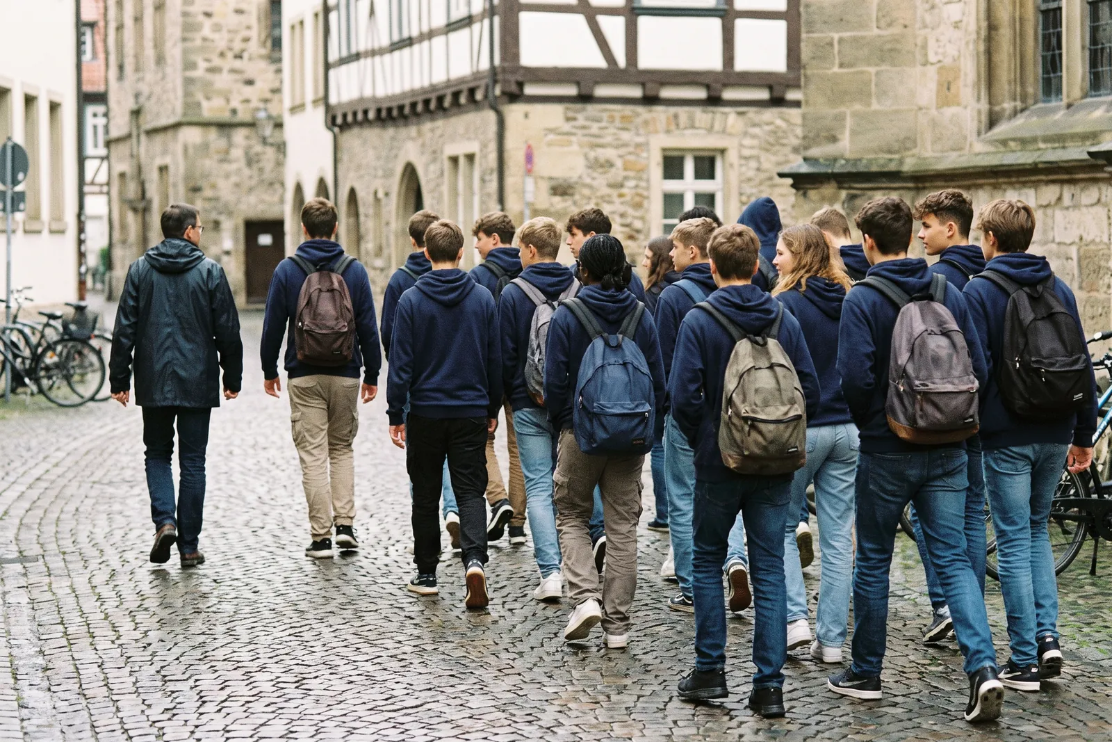 School class in matching navy hoodies on an excursion, seen from behind in an old town