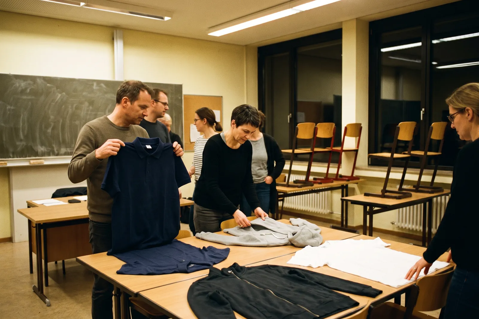 Parents and teachers examining sample garments such as a polo shirt and hoodie in a classroom
