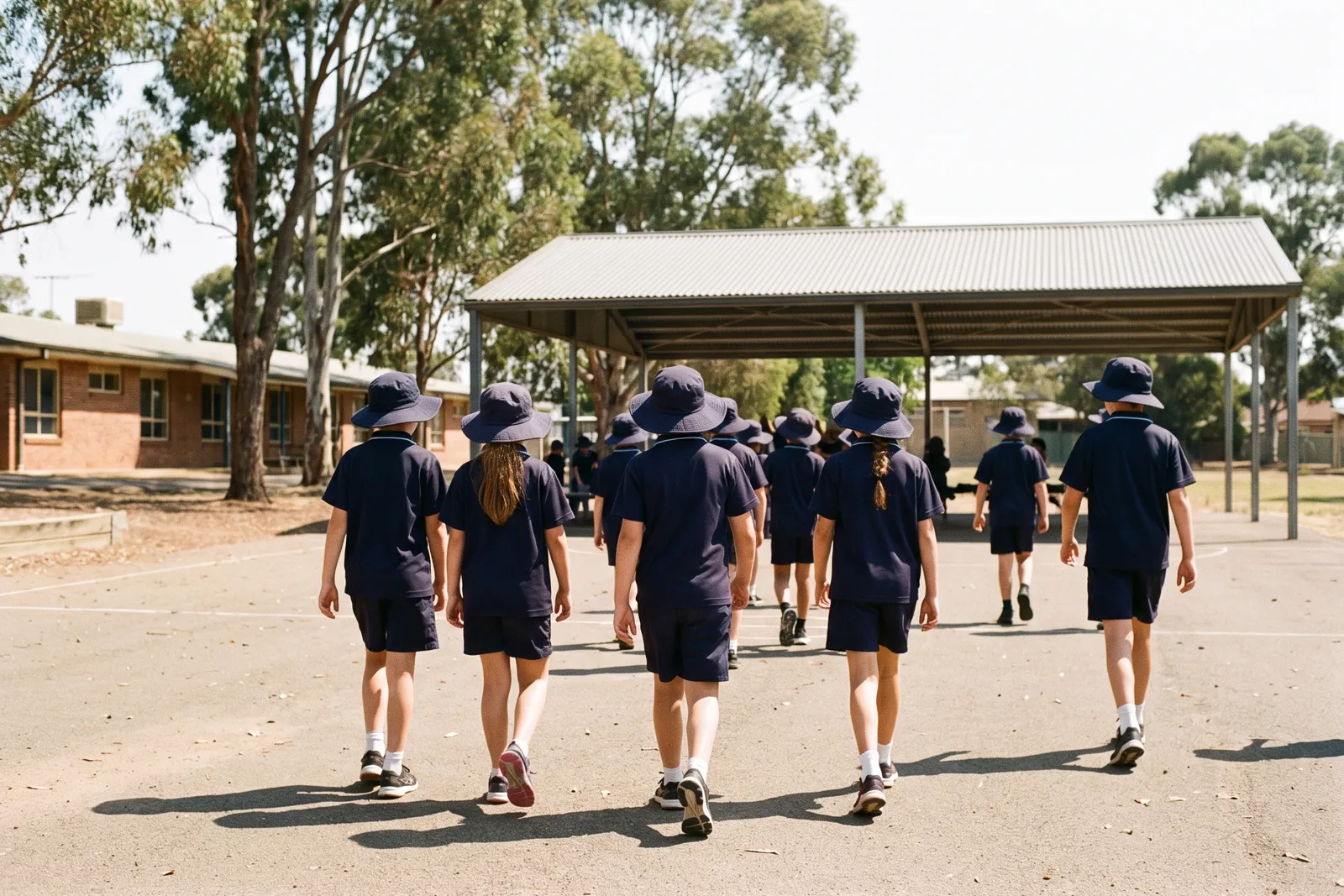 Kinder mit breitkrempigen Sonnenhüten, Poloshirts und kurzen Hosen auf einem australischen Schulhof, von hinten