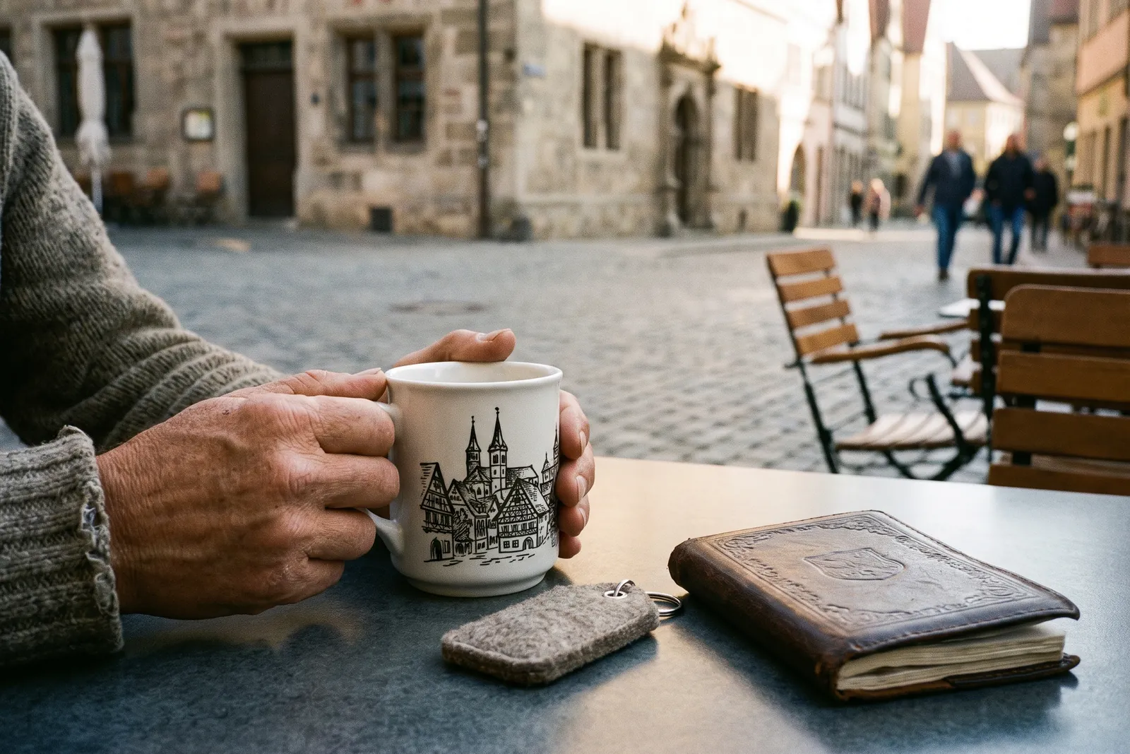 Hands holding a ceramic mug with a drawn townscape motif at a café table in the old town
