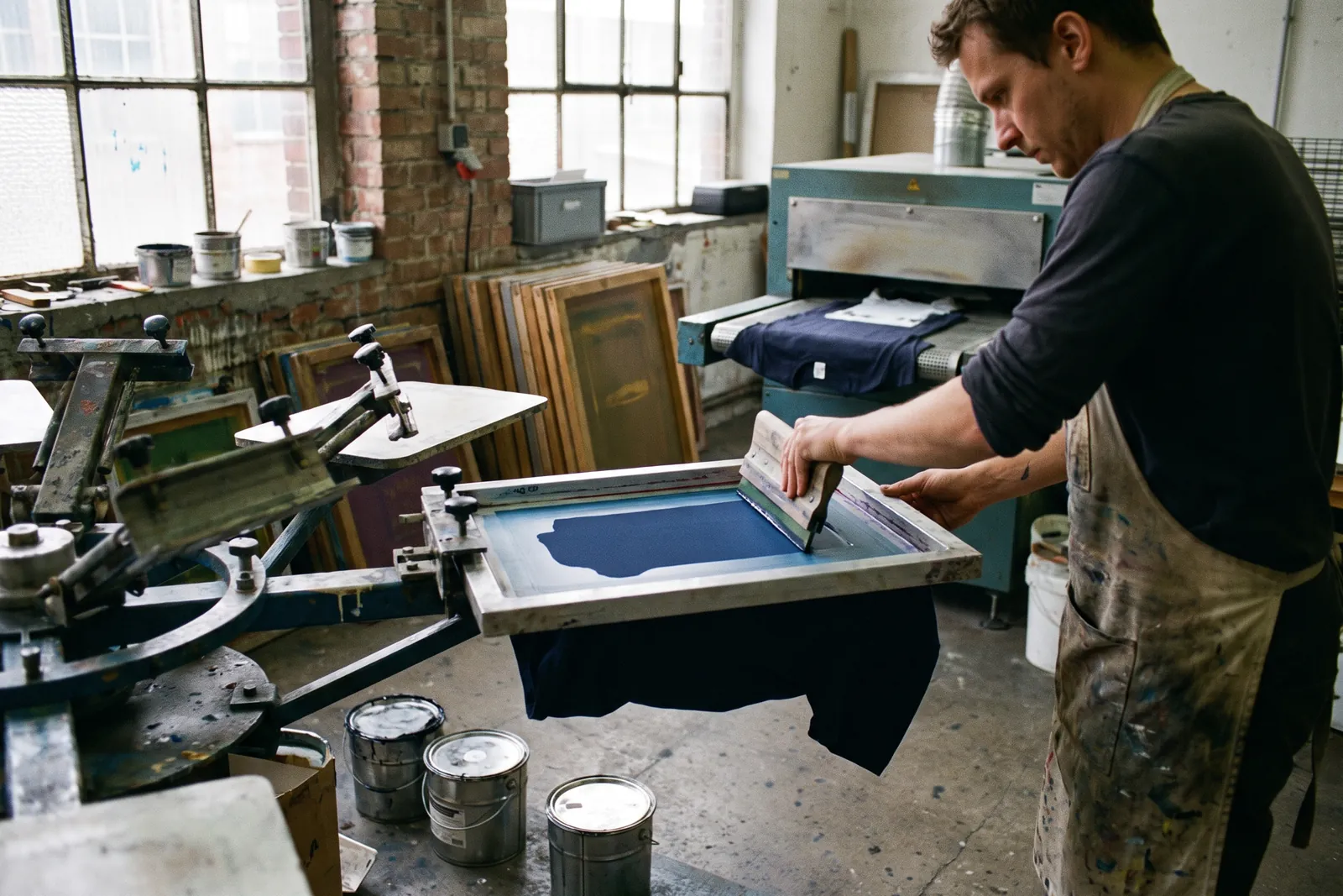 Screen printer in a workshop pulling ink through the screen onto a dark T-shirt with a squeegee