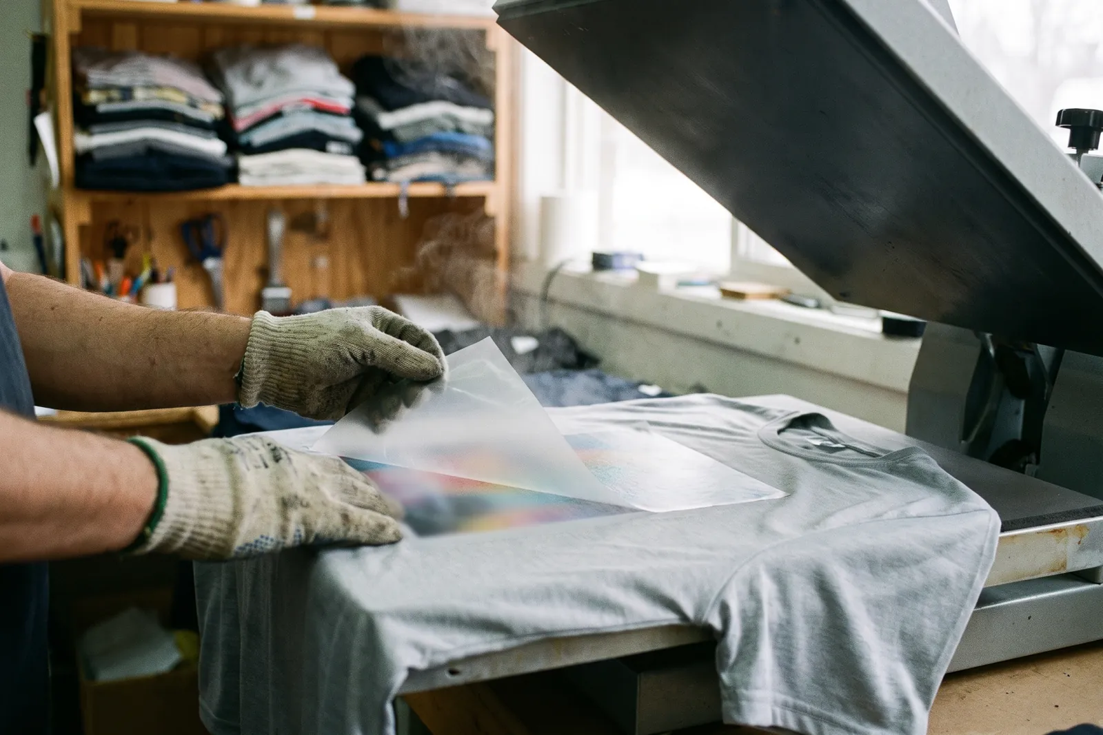Hands peeling the carrier film of a transfer print off a sports shirt after pressing