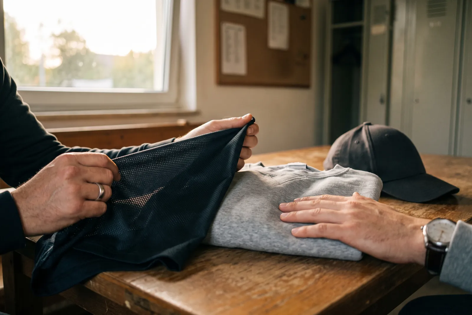 Hands comparing the fabric of a polyester jersey with a hoodie, a cap lying beside them