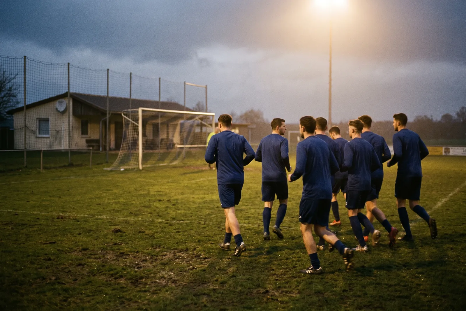 Amateur team in matching training jerseys during evening practice under floodlights