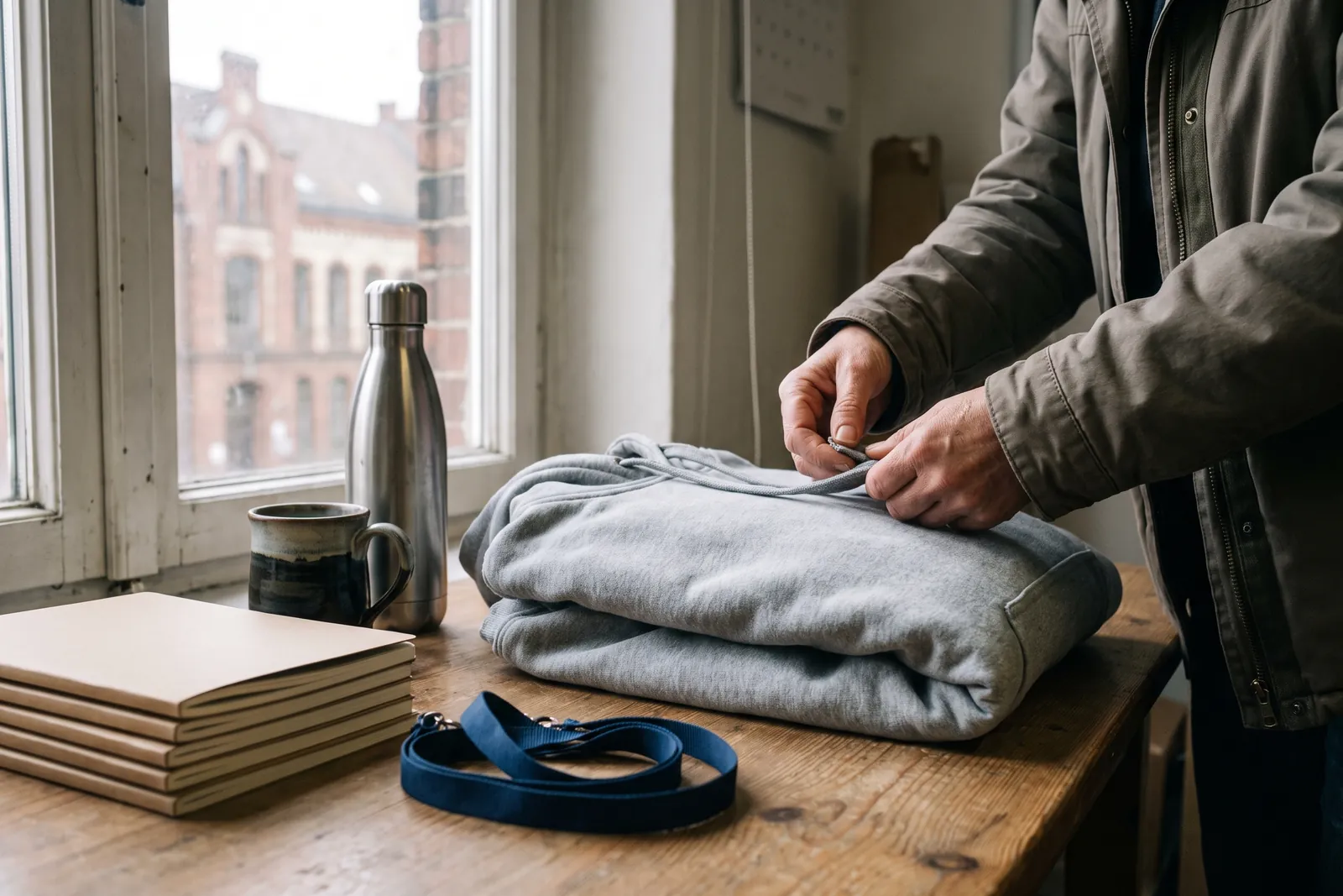 Sample selection for a university shop: hoodie, notebooks, mug, bottle and lanyard on a wooden table