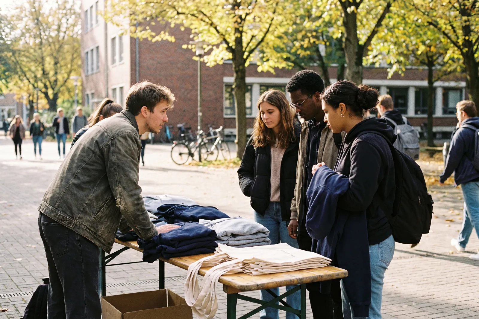 Pop-up stand with hoodies and bags on a campus square, students browsing the range