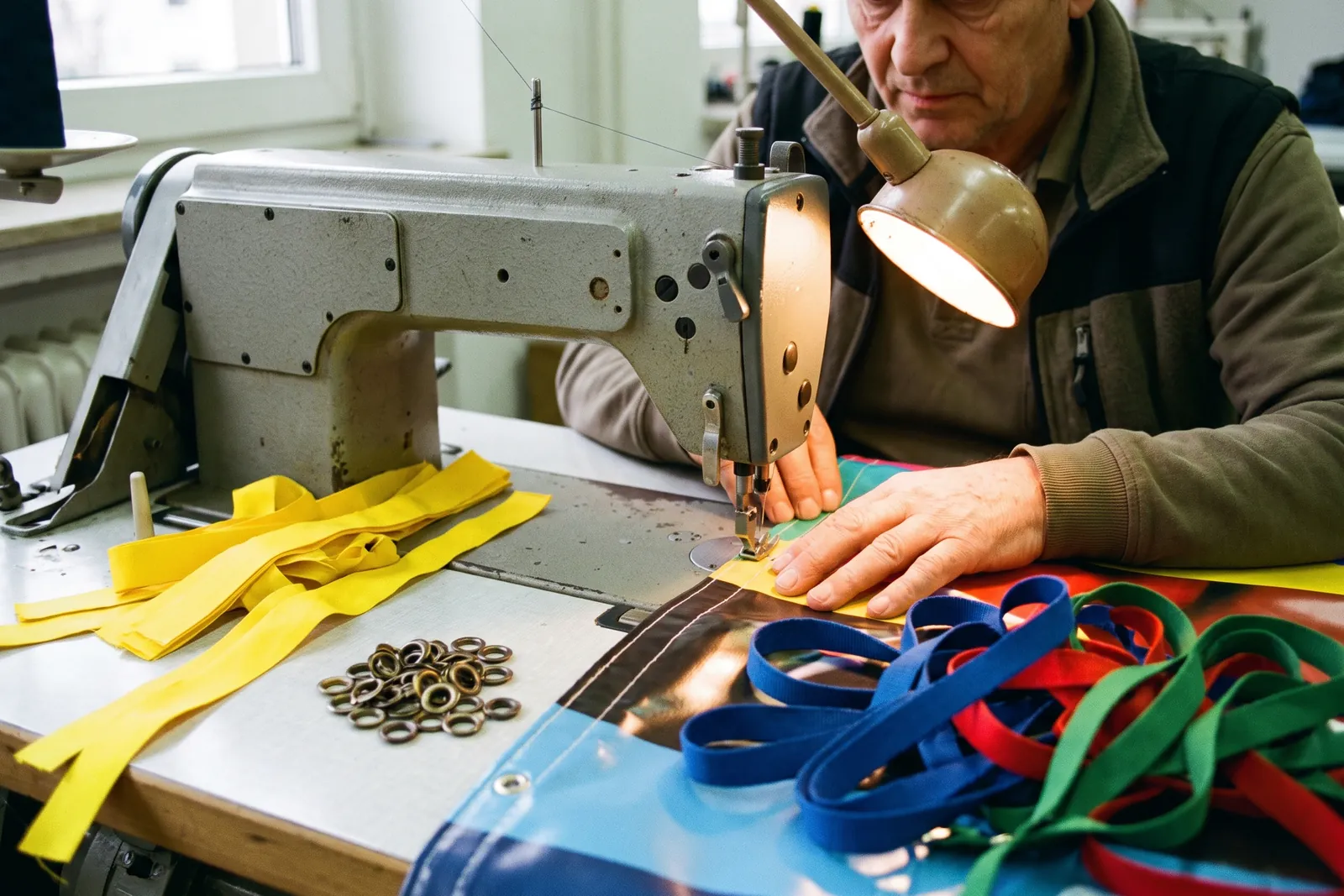 Industrienähmaschine vernäht alte PVC-Bannerplane zu einer Tasche, daneben Fahnenstoff und Lanyards