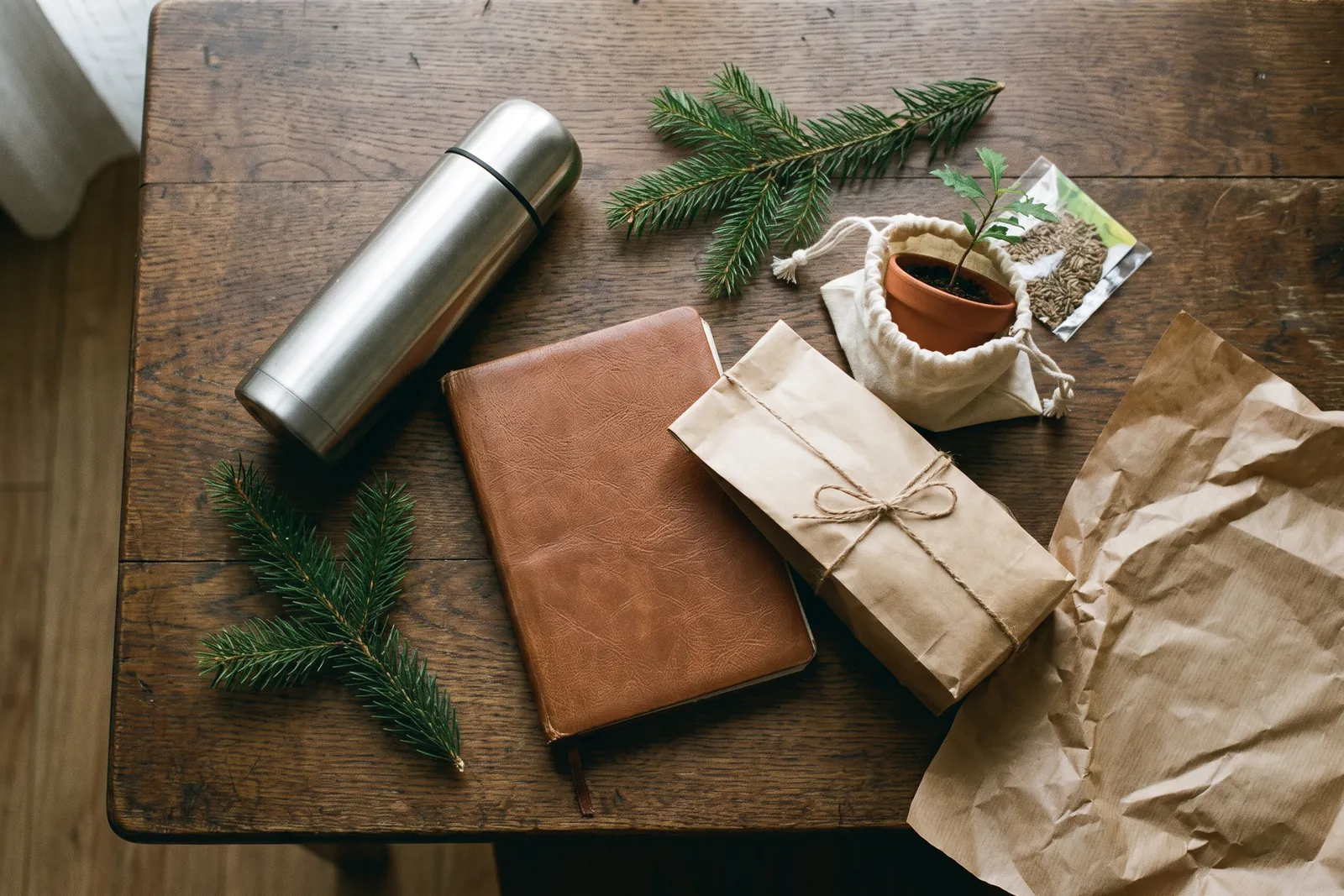 Vacuum flask, leather-grain notebook, a parcel in brown paper and a plant set on a wooden table