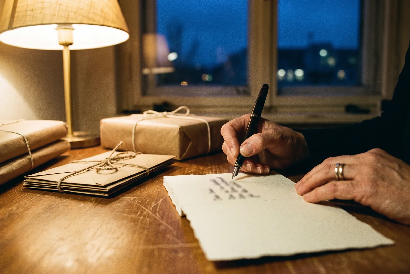 Hand writing a Christmas card with a fountain pen, envelopes and a wrapped gift beside it